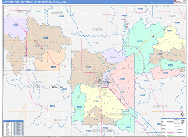 Lafayette-West Lafayette Metro Area Wall Map Color Cast Style